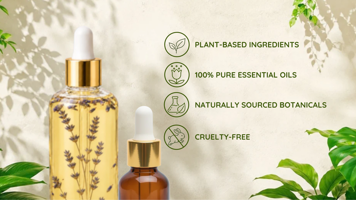 Two essential oil dropper bottles displayed on a textured beige background with green leaves and text highlighting plant-based ingredients, pure essential oils, naturally sourced botanicals, and cruelty-free quality.